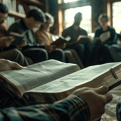 AI generated image of young adults studying the Bible