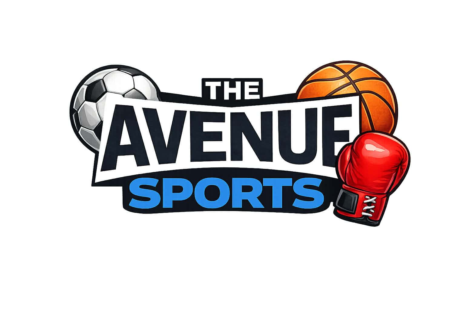 The Avenue sports image of a soccer ball, basketball, and boxing gloves.